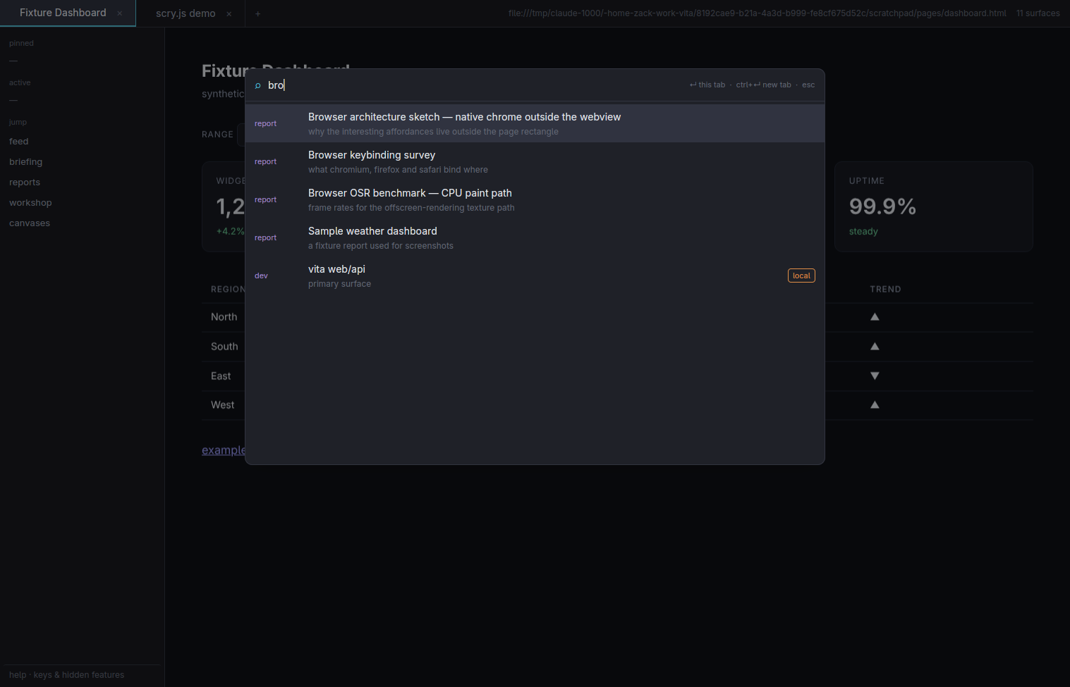 the omnibox open over the jump index, query 'bro', with live fuzzy matches and a gold 'local' chip