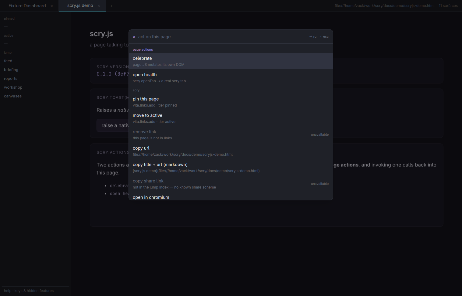 scry command palette on the scry.js demo page showing a violet 'page actions' section