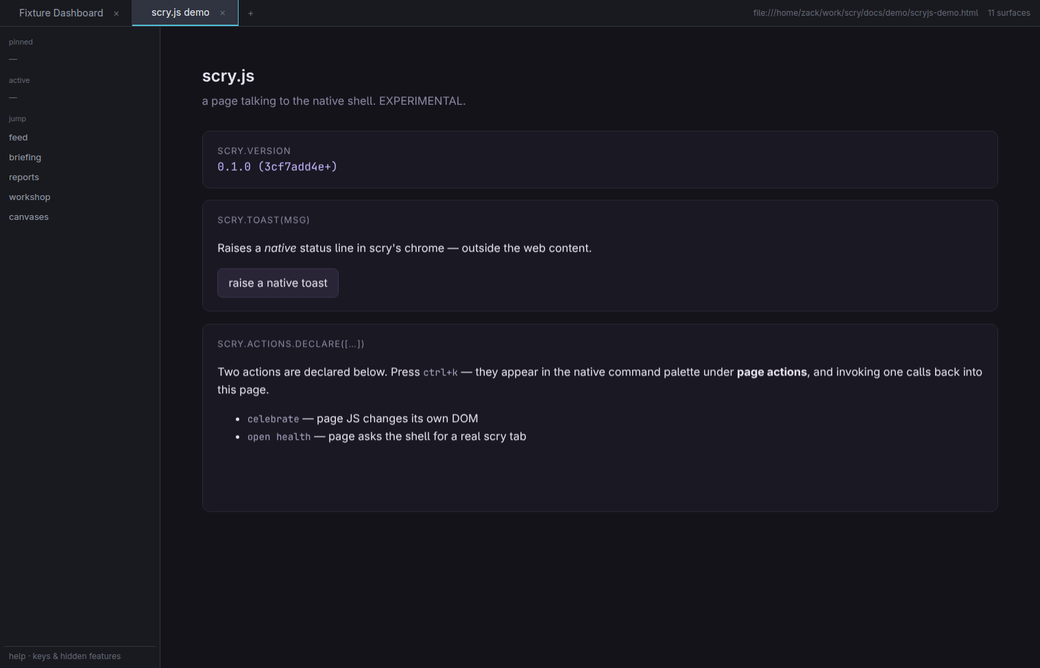 the scry.js demo page reading scry.version out of the shell